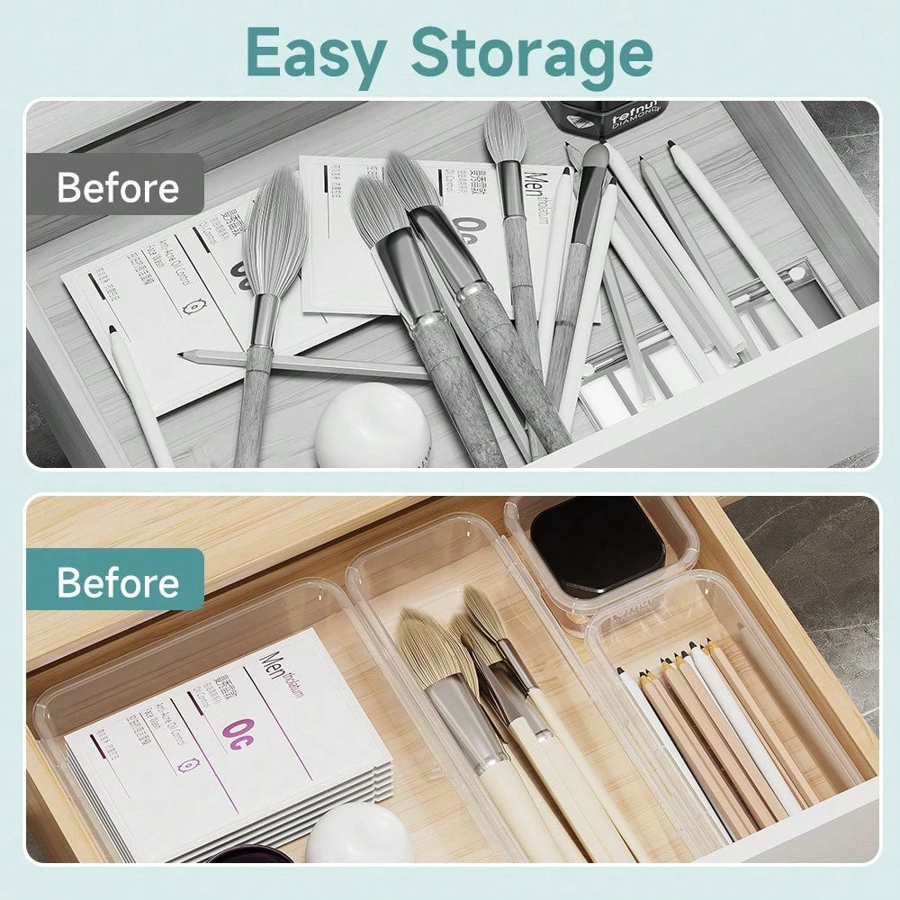 [14-Pack]Premium Clear Plastic Storage Box PP| Essential For Desktop, Kitchen, Cosmetics, Dressing Table & Messy Drawers Space-Saving Stackable Containers + Brush Holder| Limited-Time Offer! Home S