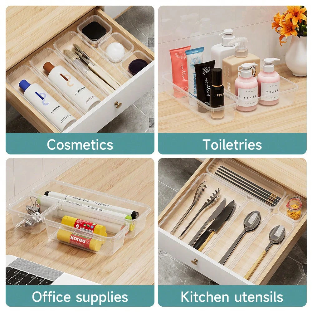 [14-Pack]Premium Clear Plastic Storage Box PP| Essential For Desktop, Kitchen, Cosmetics, Dressing Table & Messy Drawers Space-Saving Stackable Containers + Brush Holder| Limited-Time Offer! Home S