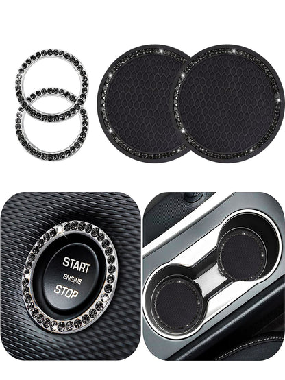 1pair Car Cup Holder Mats And 2pcs Engine Start/stop Key Ring