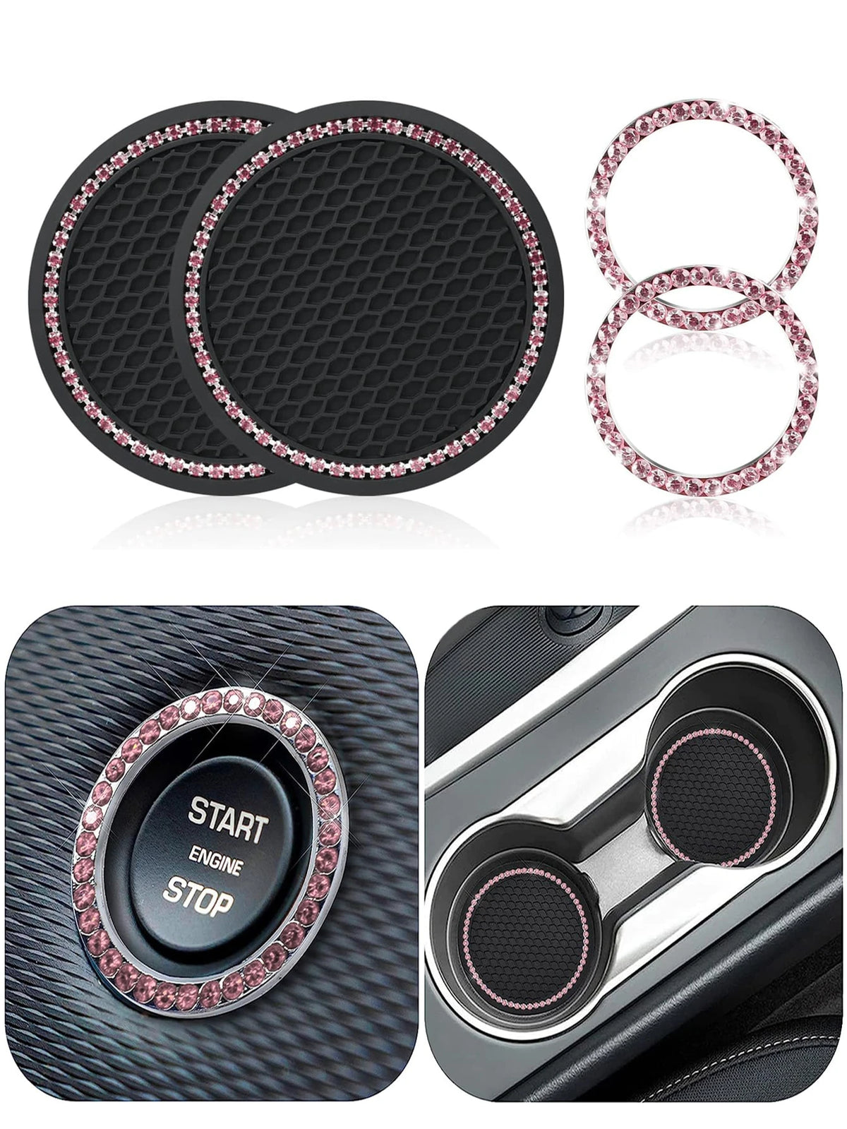 1pair Car Cup Holder Mats And 2pcs Engine Start/stop Key Ring