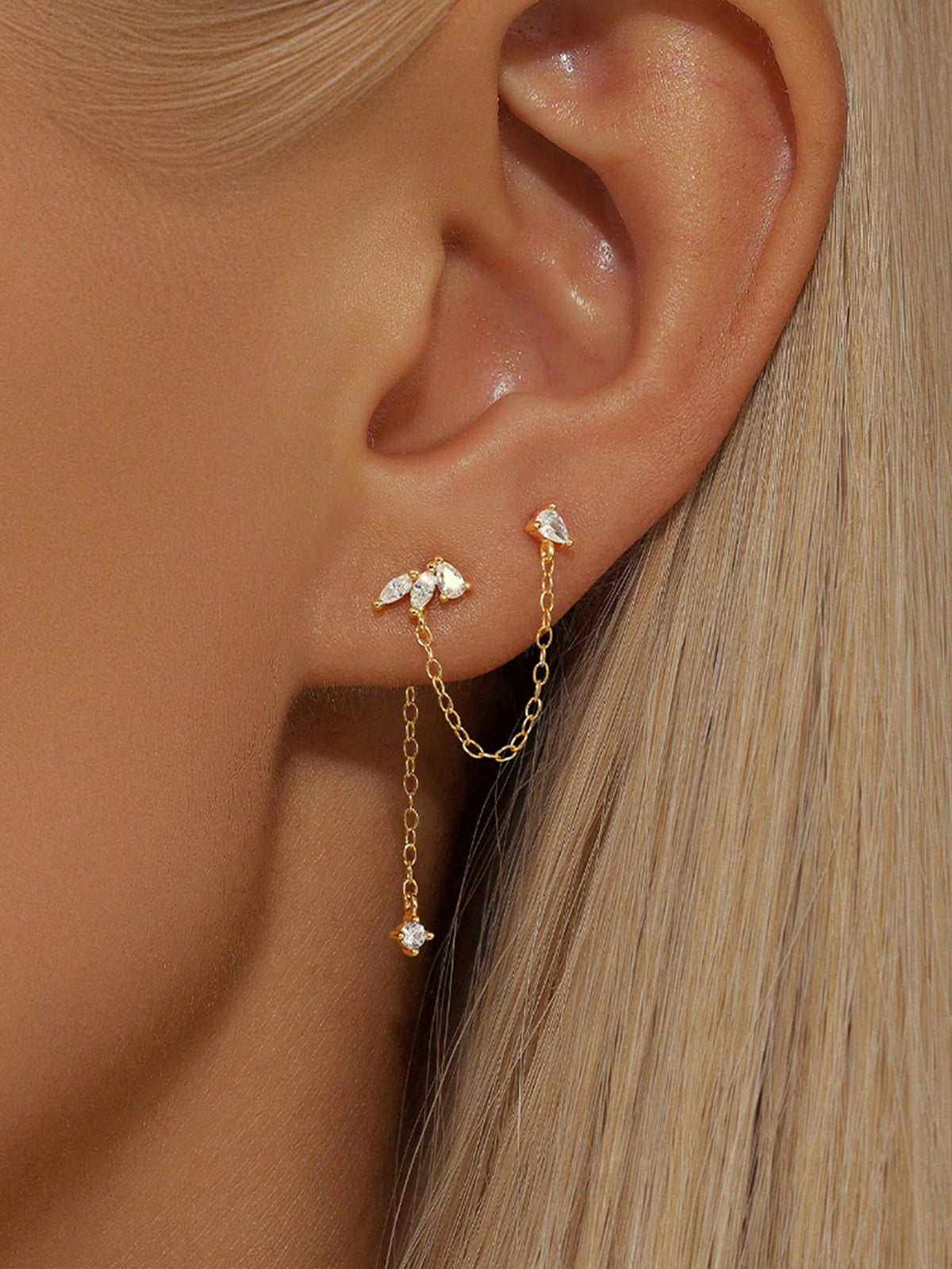 1PC 925 Sterling Silver Prong Setting Stud Long Tassel Flat Back Cartilage Helix Piercing Jewelry For Women Daily Wear Wedding Party Engagement Anniversary Valentine's Day