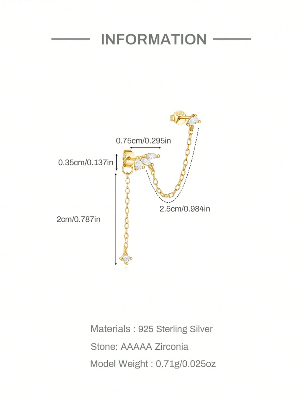 1PC 925 Sterling Silver Prong Setting Stud Long Tassel Flat Back Cartilage Helix Piercing Jewelry For Women Daily Wear Wedding Party Engagement Anniversary Valentine's Day