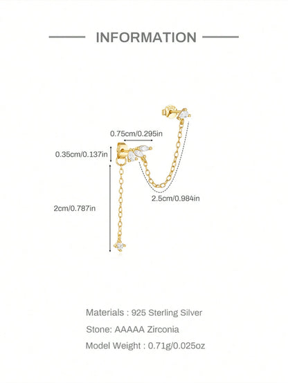 1PC 925 Sterling Silver Prong Setting Stud Long Tassel Flat Back Cartilage Helix Piercing Jewelry For Women Daily Wear Wedding Party Engagement Anniversary Valentine's Day