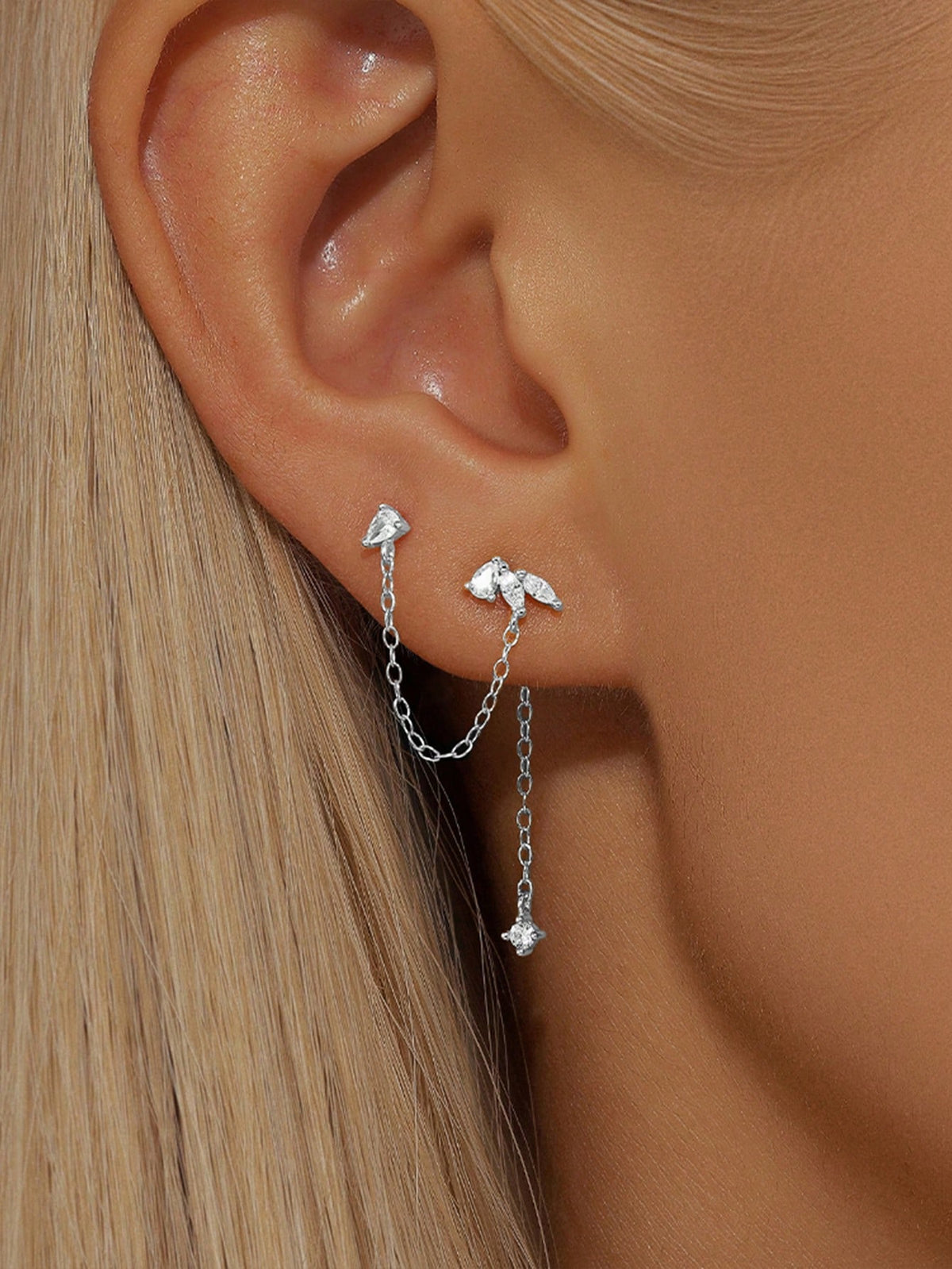 1PC 925 Sterling Silver Prong Setting Stud Long Tassel Flat Back Cartilage Helix Piercing Jewelry For Women Daily Wear Wedding Party Engagement Anniversary Valentine's Day