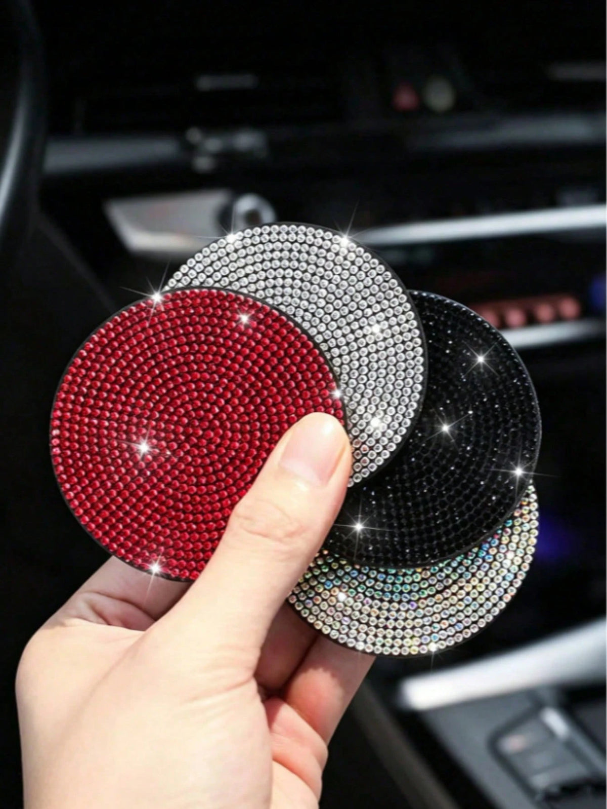 1PC Black Rhinestone Silicone Car Cup Holder Coaster, Artificial Diamond Car Interior Decoration, Non-Slip Storage Slot Door Pocket Mat