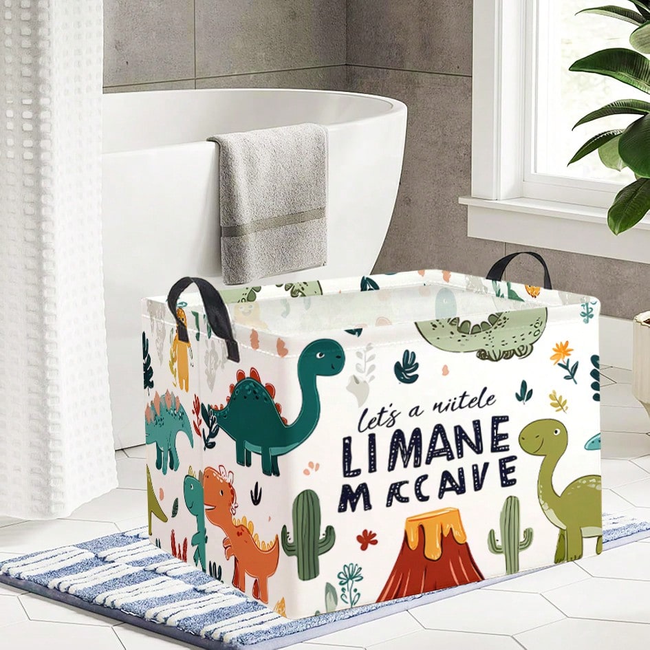 1pc Cartoon Dinosaur, Volcano And Cactus Print Foldable Storage Box, Multi-Functional Organizer With Handle, Suitable For Storing Clothes And Books, Ideal For Game Room And Bedroom