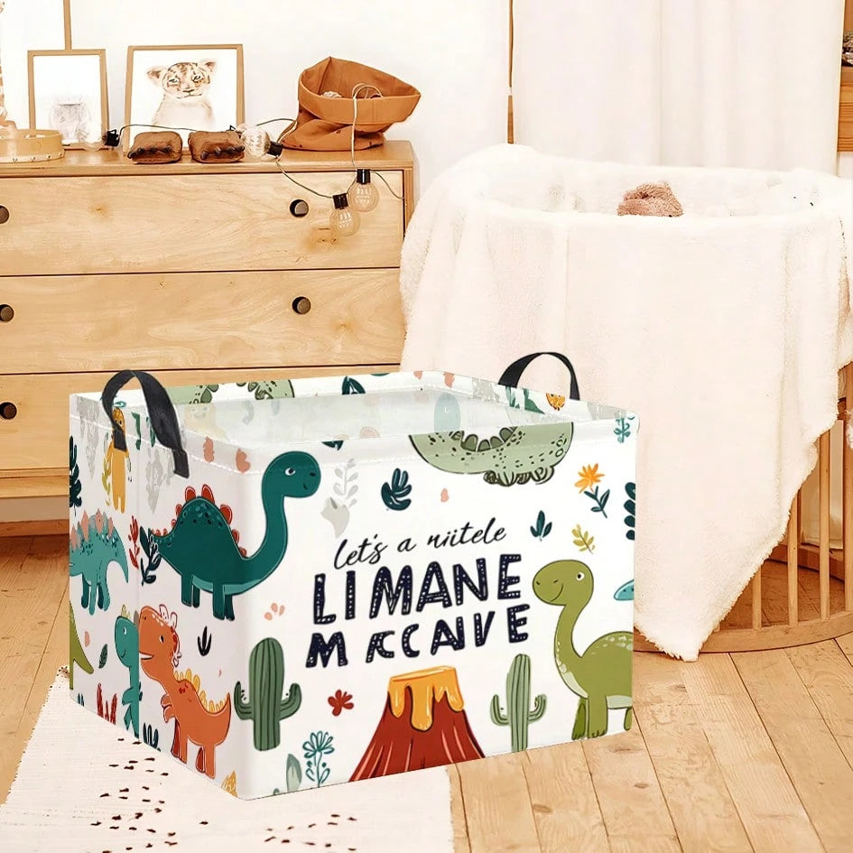 1pc Cartoon Dinosaur, Volcano And Cactus Print Foldable Storage Box, Multi-Functional Organizer With Handle, Suitable For Storing Clothes And Books, Ideal For Game Room And Bedroom