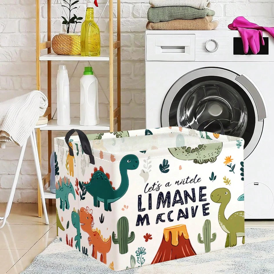 1pc Cartoon Dinosaur, Volcano And Cactus Print Foldable Storage Box, Multi-Functional Organizer With Handle, Suitable For Storing Clothes And Books, Ideal For Game Room And Bedroom