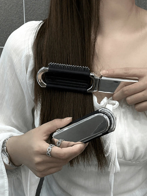 1pc Foldable Silver-Plated Comb With Mirror- Portable Compact Hair Brush, Travel-Friendly Hair Tool For Barber Salon, Beauty & Daily Use,Hair Tools,Hair Items,Travel Essential,Travel,Barber,Hairstyli