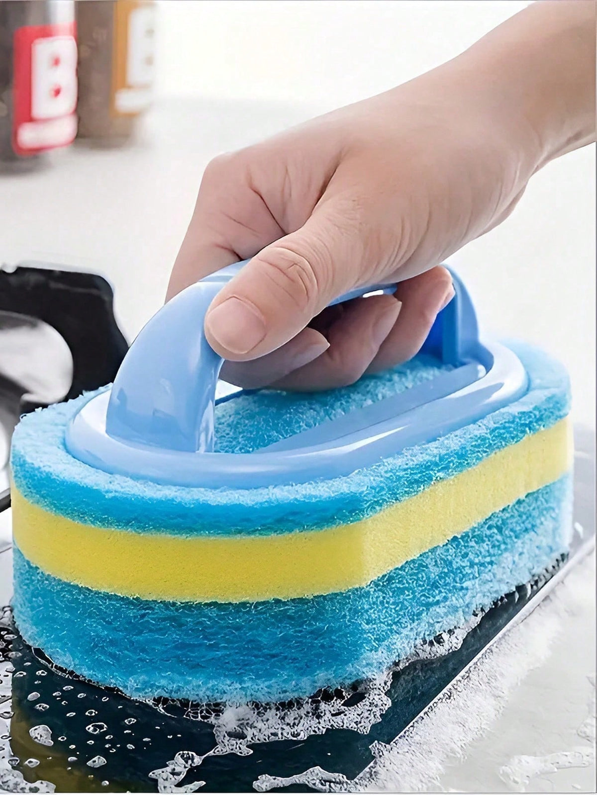 1pc Handle Cleaning Sponge, Used For Removing Stains From Bathroom, Tiles And Glass- Thick Scrub Brush, Suitable For Commercial Cleaning Services/Stores, Gardening Tools