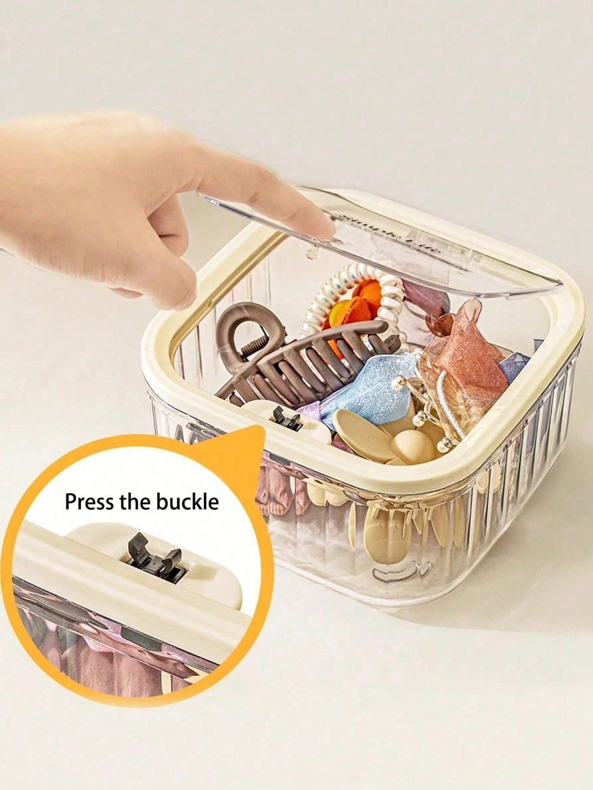 1pc Large Capacity Transparent Striped Plastic Storage Bucket, Beige Frame Square Dust-Proof Flip Lid Organizer Box, Desktop Hair Accessories & Cosmetics Storage Box, Suitable For Bedroom, Bathroom, H