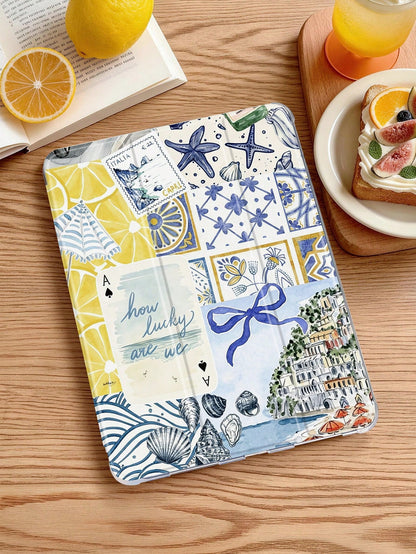 1pc Lemon Coast Collage Tablet Case, Compatible With IPad Mini 4/5/6/7/Air/Air2/9.7/10.2/10.5/10.9 (Air4-Air8)/Pro 11/10th Gen/A16/Pro 11 2024, Compatible With Galaxy A8 Model, Painted Pattern Tablet