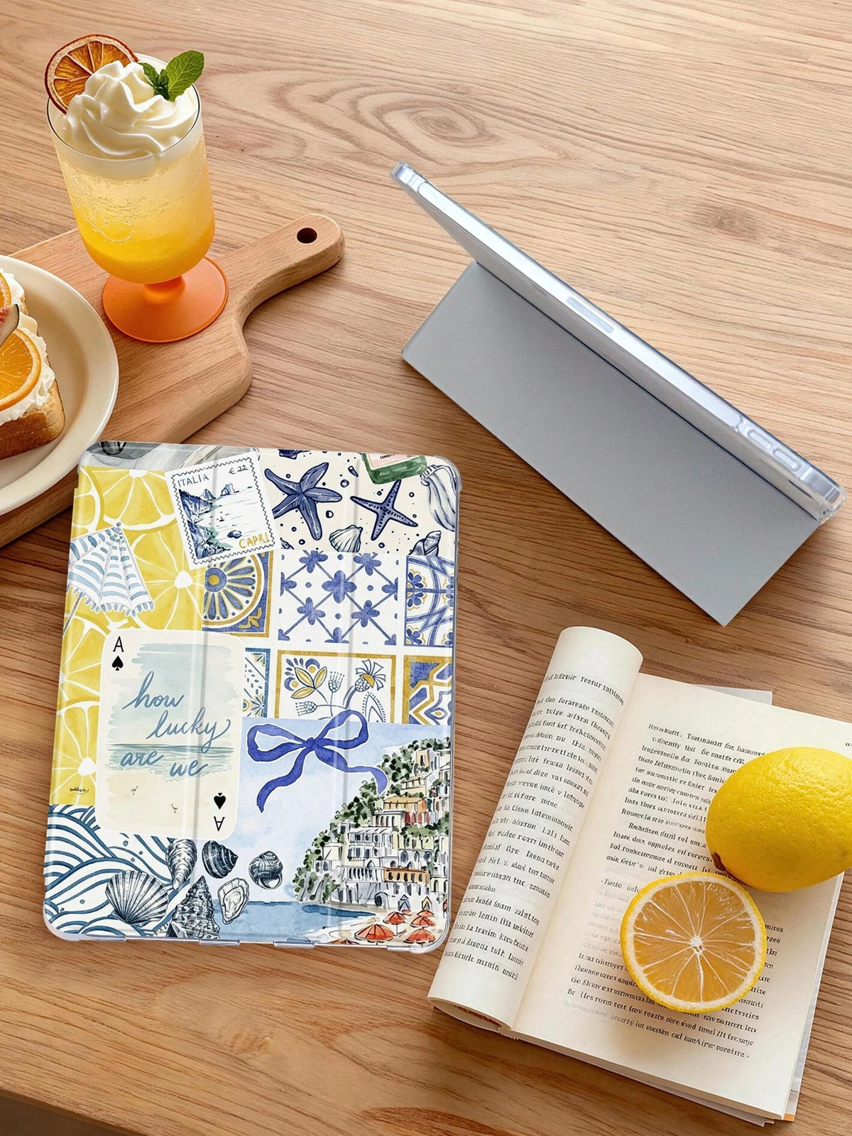 1pc Lemon Coast Collage Tablet Case, Compatible With IPad Mini 4/5/6/7/Air/Air2/9.7/10.2/10.5/10.9 (Air4-Air8)/Pro 11/10th Gen/A16/Pro 11 2024, Compatible With Galaxy A8 Model, Painted Pattern Tablet