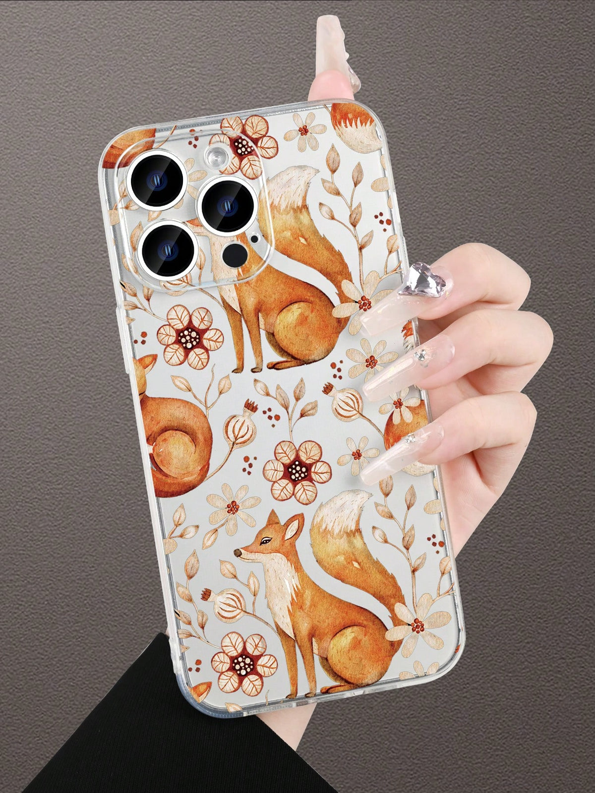 1pc Nature-Inspired Fox & Floral Pattern Transparent Phone Case, Fashion Minimalist Design, Full Camera Protection, Compatible With Iphone 16/15/14/13/12/11 Pro Max/X/XS/XS MAX/7/8/PLUS And Series, Gr