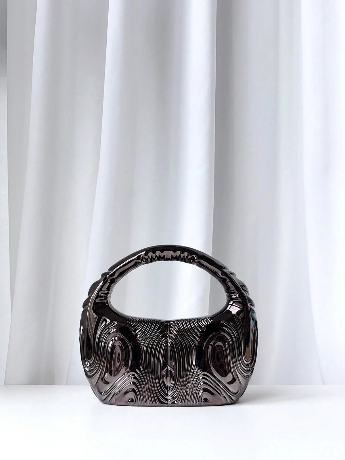 1pc Round 3D Striped Metal Chain Special Shape Handbag, Luxurious Evening Party Bag, Glamorous Ball Accessory, Elegant Banquet Purse