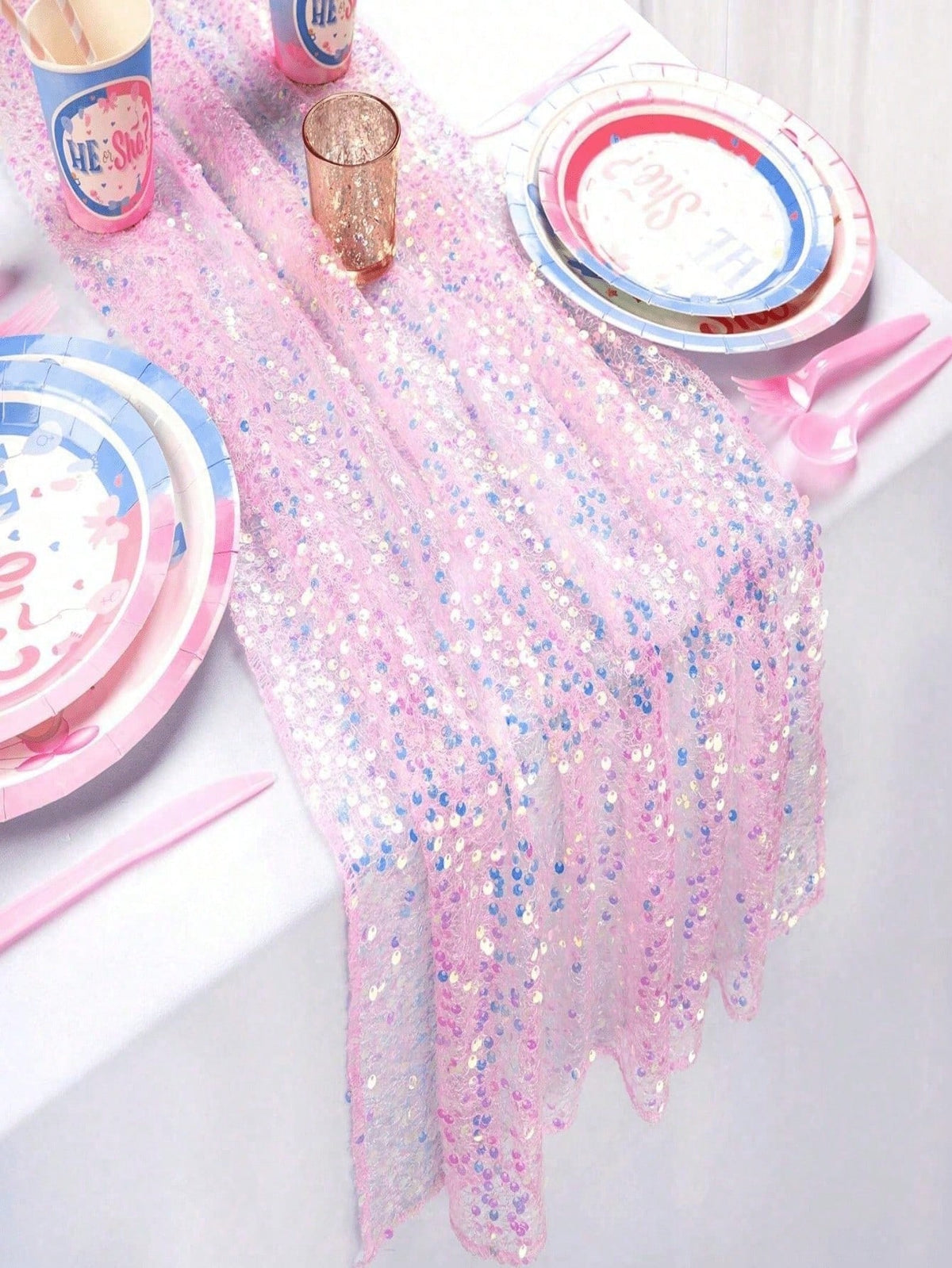 1pc Sequin Table Runner In Pink/Purple/Light Blue/White, Suitable For Baby Shower Party Tablecloth, Rectangular Shiny Sequin Table Decor For Baby Boy Or Girl Birthday Party, Nursery Decor, Baby Shower