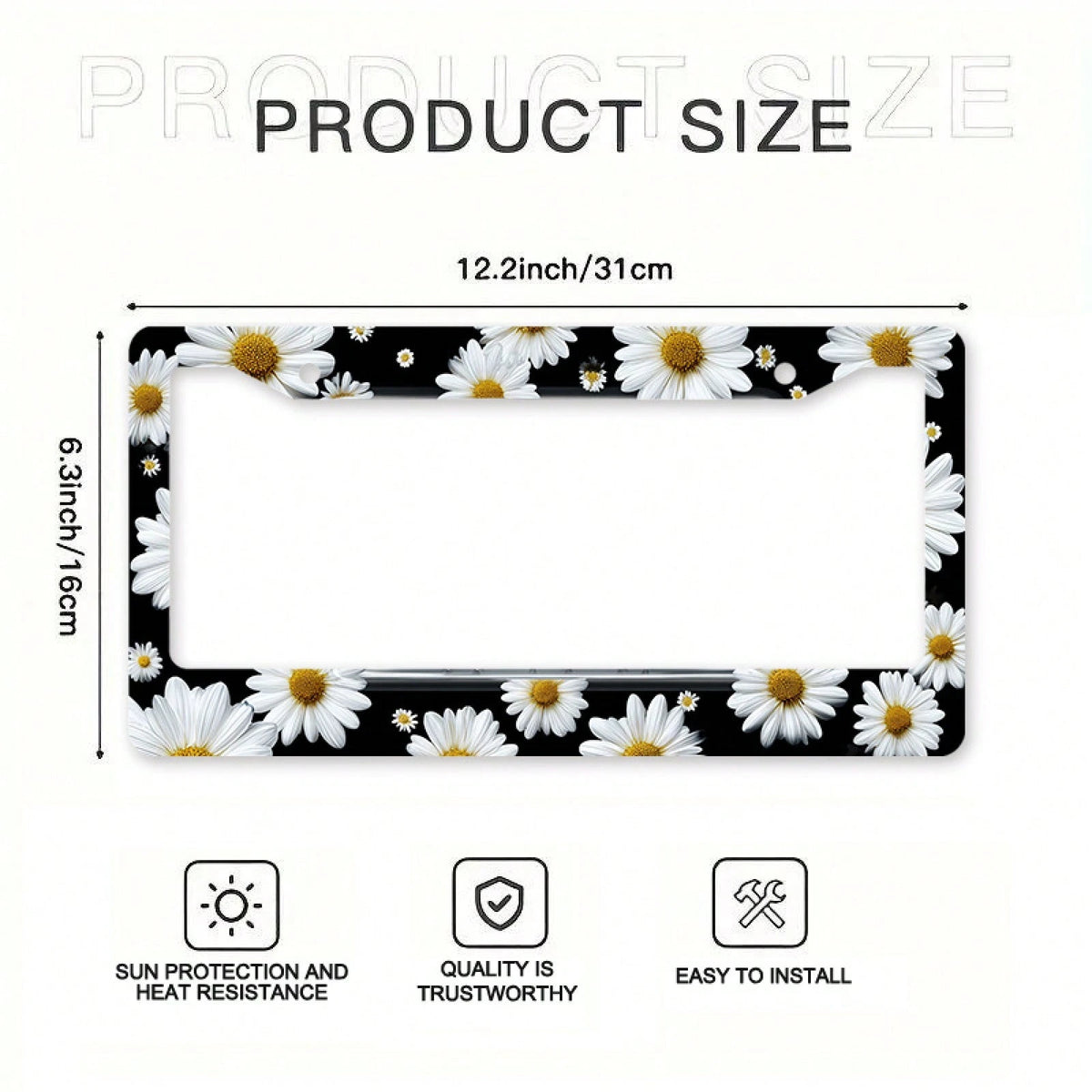 1pc White Daisy Metal License Plate Frame 12x6in, Elegant Frame With Mount Screws, Fits US & Global Vehicles, Easter Floral Car Decor Accessory,Car Cover,Car Must Haves,Gifts,Car Decor,Car Acessesorie