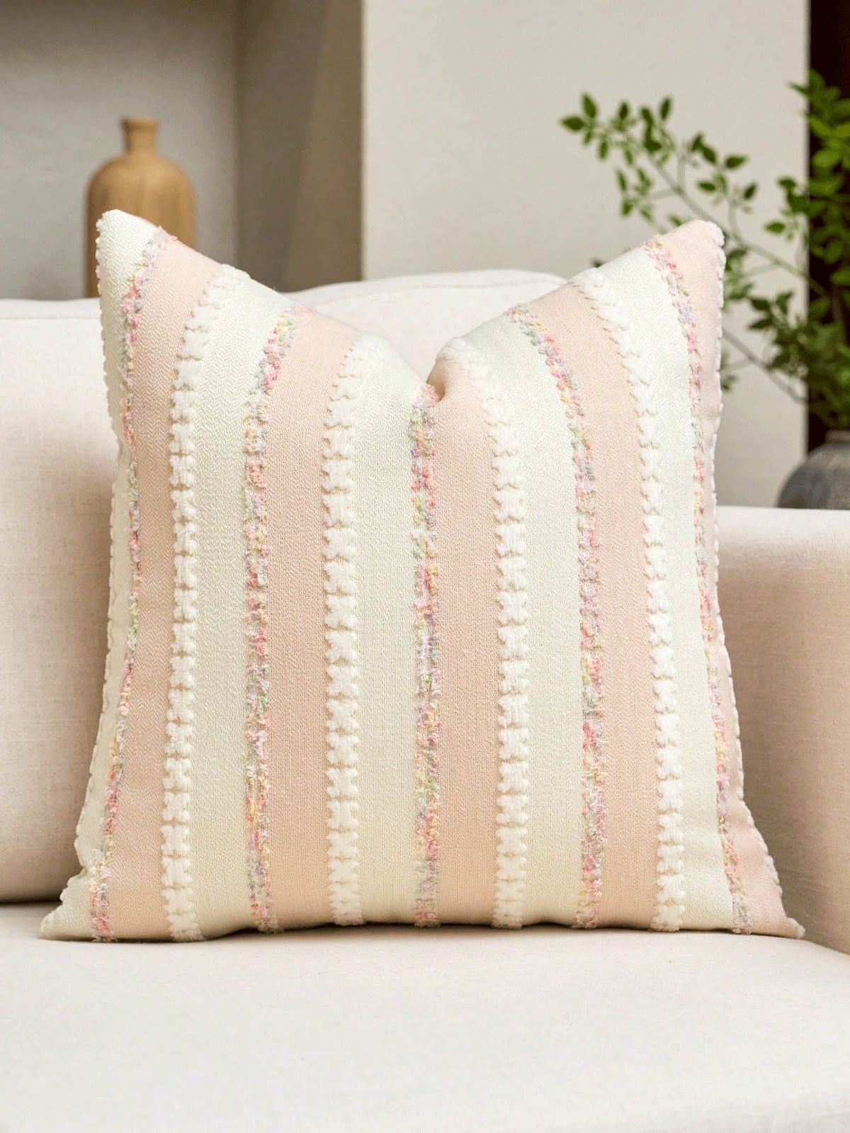 1PS/2PS Pillow Case Without Pillow Insert, Lotus Root Powder Color Striped Pattern, Healing Style, Natural Wood & Creamy Tone (Light French Country + Wabi-Sabi Soft Style), Chenille + Linen Woven Deco