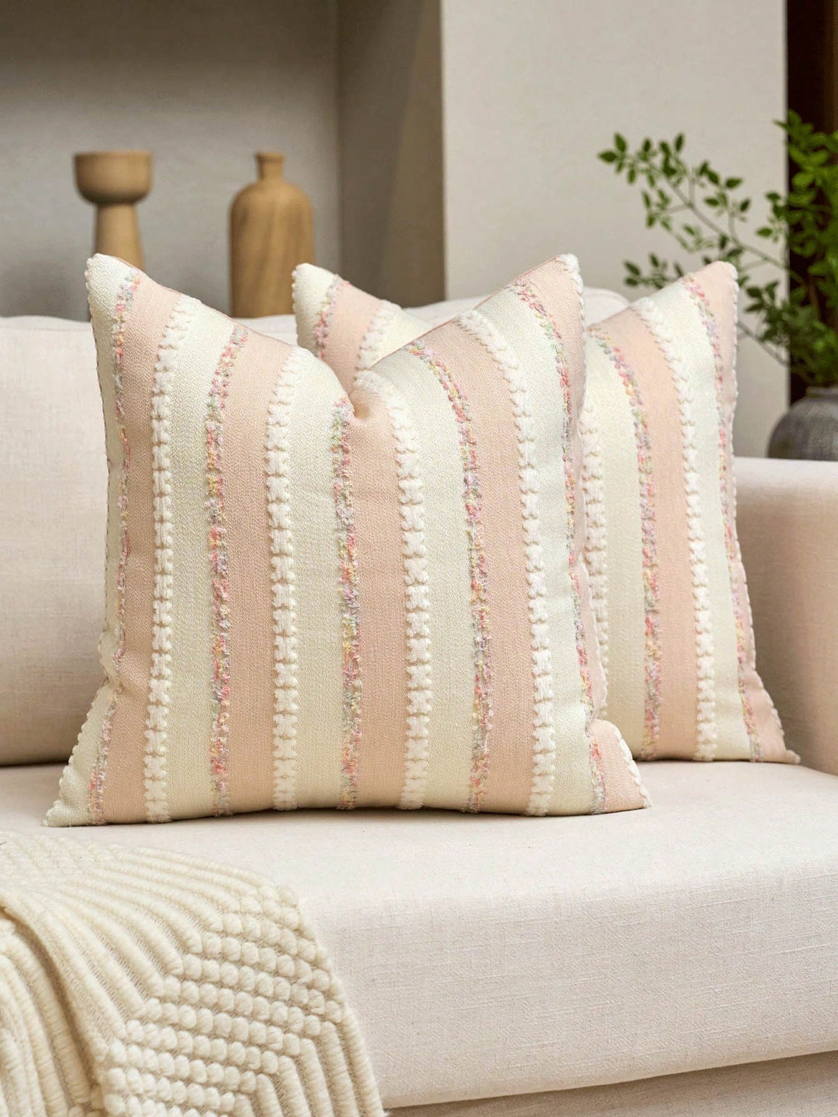 1PS/2PS Pillow Case Without Pillow Insert, Lotus Root Powder Color Striped Pattern, Healing Style, Natural Wood & Creamy Tone (Light French Country + Wabi-Sabi Soft Style), Chenille + Linen Woven Deco