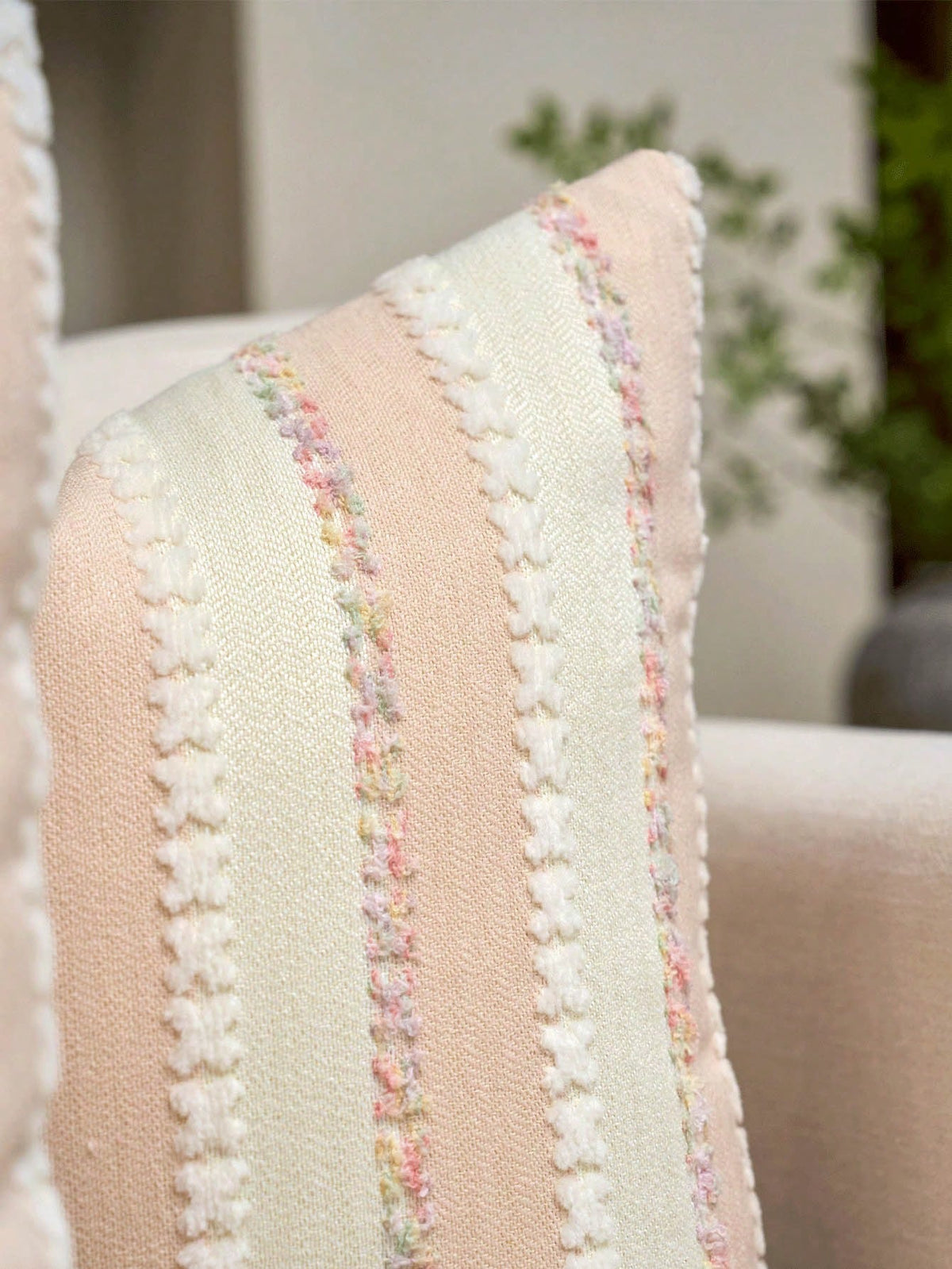 1PS/2PS Pillow Case Without Pillow Insert, Lotus Root Powder Color Striped Pattern, Healing Style, Natural Wood & Creamy Tone (Light French Country + Wabi-Sabi Soft Style), Chenille + Linen Woven Deco