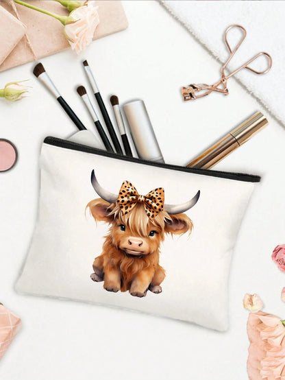 2/1pc Charming Highland Cow Theme Makeup Bag- Lightweight Odorless Polyester Toiletry Bag, Suitable For Nature Lovers And Women, Cartoon Fun Multi-Functional Canvas Bag, Essential Makeup Bag: Girls M