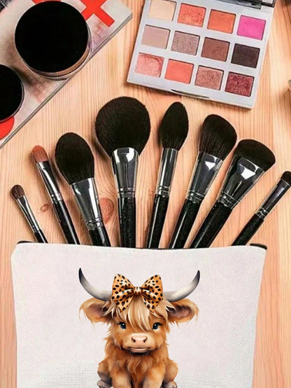 2/1pc Charming Highland Cow Theme Makeup Bag- Lightweight Odorless Polyester Toiletry Bag, Suitable For Nature Lovers And Women, Cartoon Fun Multi-Functional Canvas Bag, Essential Makeup Bag: Girls M