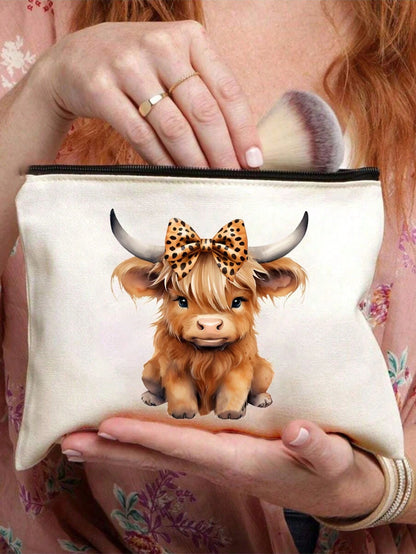 2/1pc Charming Highland Cow Theme Makeup Bag- Lightweight Odorless Polyester Toiletry Bag, Suitable For Nature Lovers And Women, Cartoon Fun Multi-Functional Canvas Bag, Essential Makeup Bag: Girls M