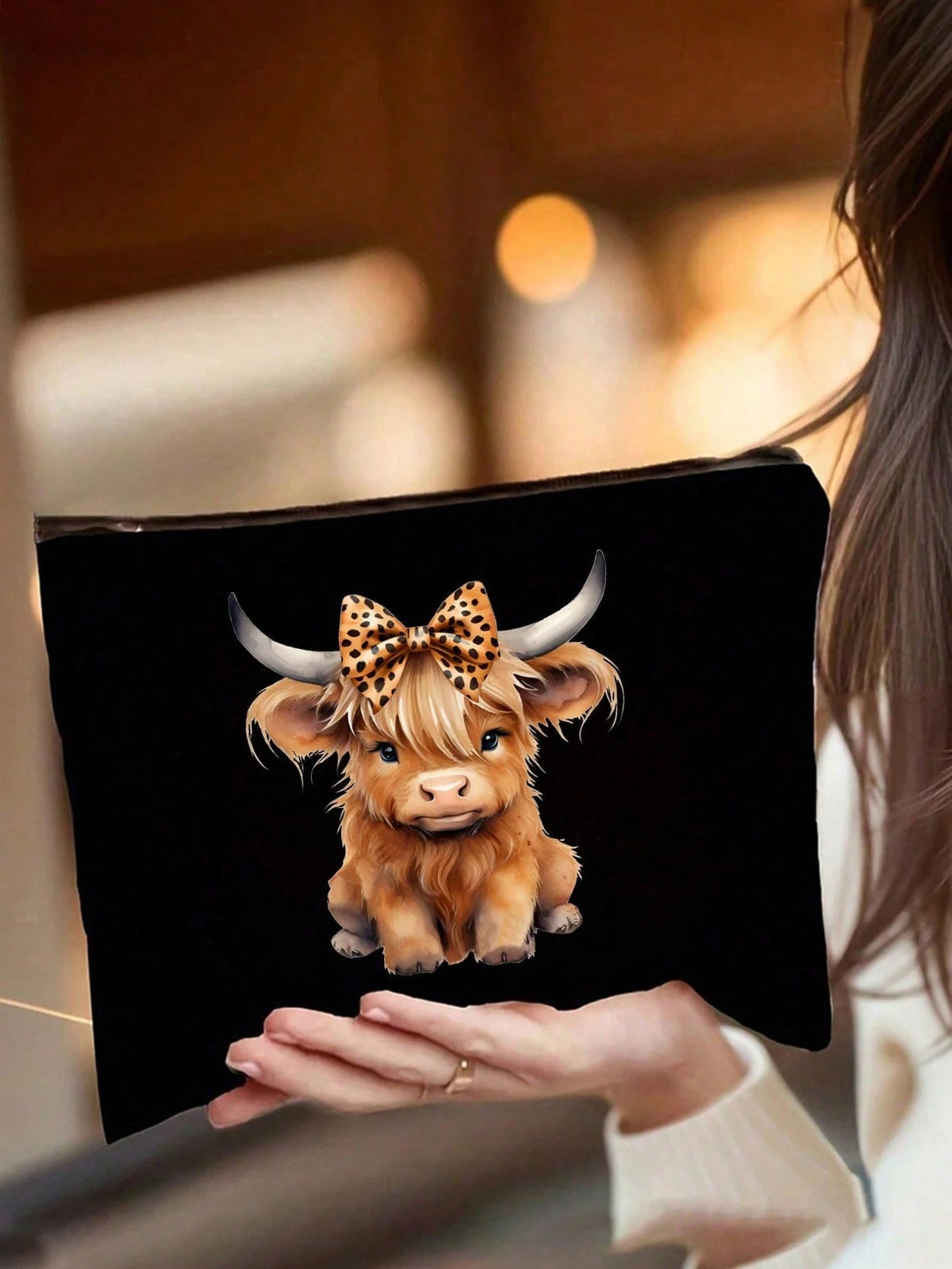 2/1pc Charming Highland Cow Theme Makeup Bag- Lightweight Odorless Polyester Toiletry Bag, Suitable For Nature Lovers And Women, Cartoon Fun Multi-Functional Canvas Bag, Essential Makeup Bag: Girls M