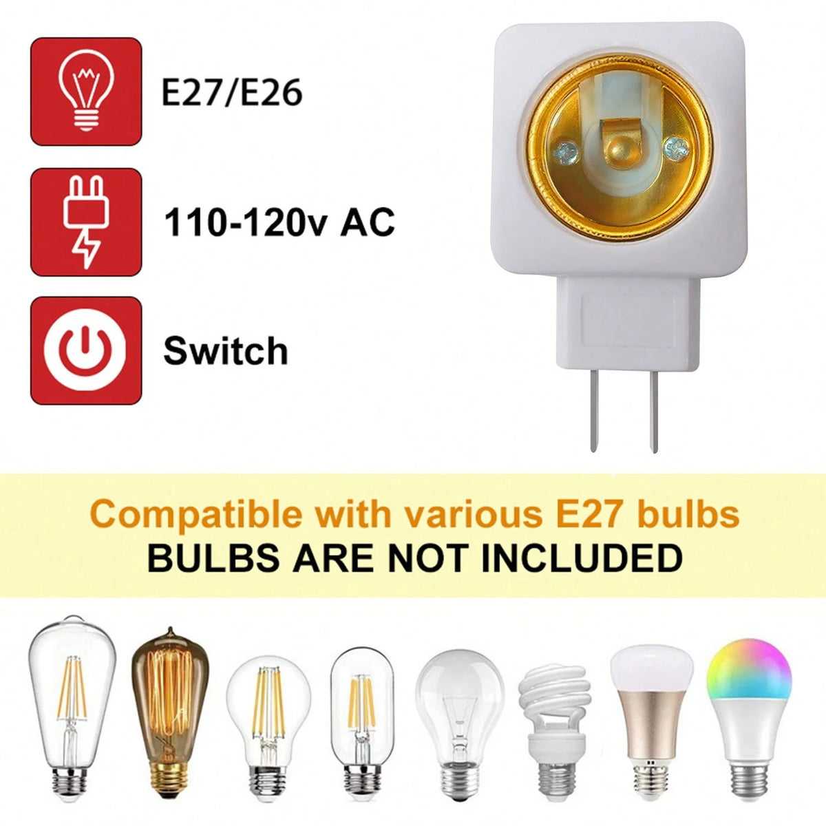 2/4pcs E26/E27 Socket Extender Adapter With Switch, Plug-In Lamp Holder, Convert Outlet To Bulb Socket, 2/3 Plug Splitter, Suitable For Garage, Porch, Camera And More