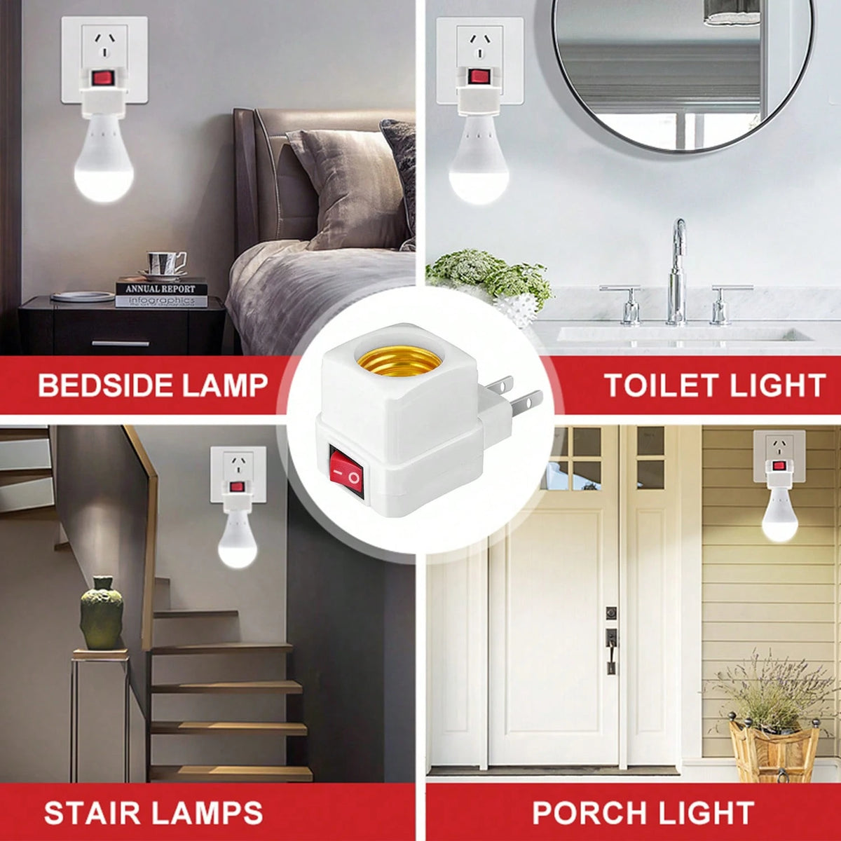2/4pcs E26/E27 Socket Extender Adapter With Switch, Plug-In Lamp Holder, Convert Outlet To Bulb Socket, 2/3 Plug Splitter, Suitable For Garage, Porch, Camera And More