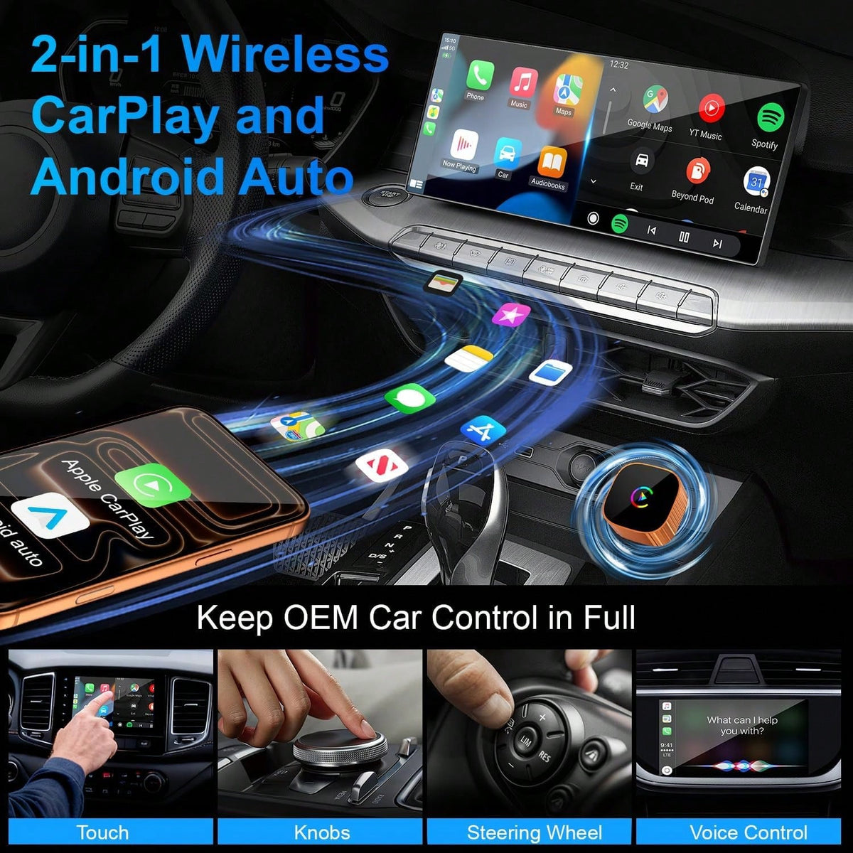 2-In-1 Mini Wireless CarPlay Adapter, Supports And Android Auto (Upgradable To 2026 Version), Zero-Delay Fast And Stable Connection, Plug-And-Play, Converts Wired To Wireless CarPlay Adapter, Compatib