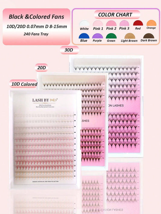 240-480pcs Pointed Colorful Pre-Made Eyelash Clusters, Black Pre-Made Eyelash Clusters, Medium-Long Eyelash Extensions, Handmade Cluster Style, D-Curl, 8-15mm Length