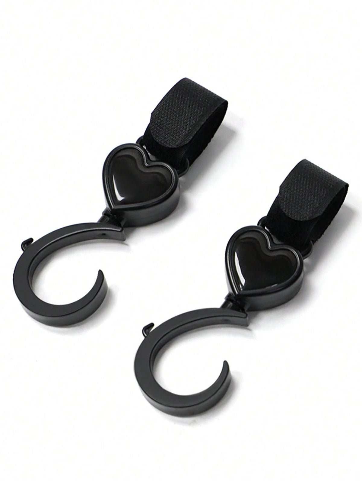 2pcs Black Baby Stroller Hooks: Rotatable And Large-Sized, Convenient For Hanging On Strollers To Carry Bags Hands-Free. With Heart-Shaped Design.
