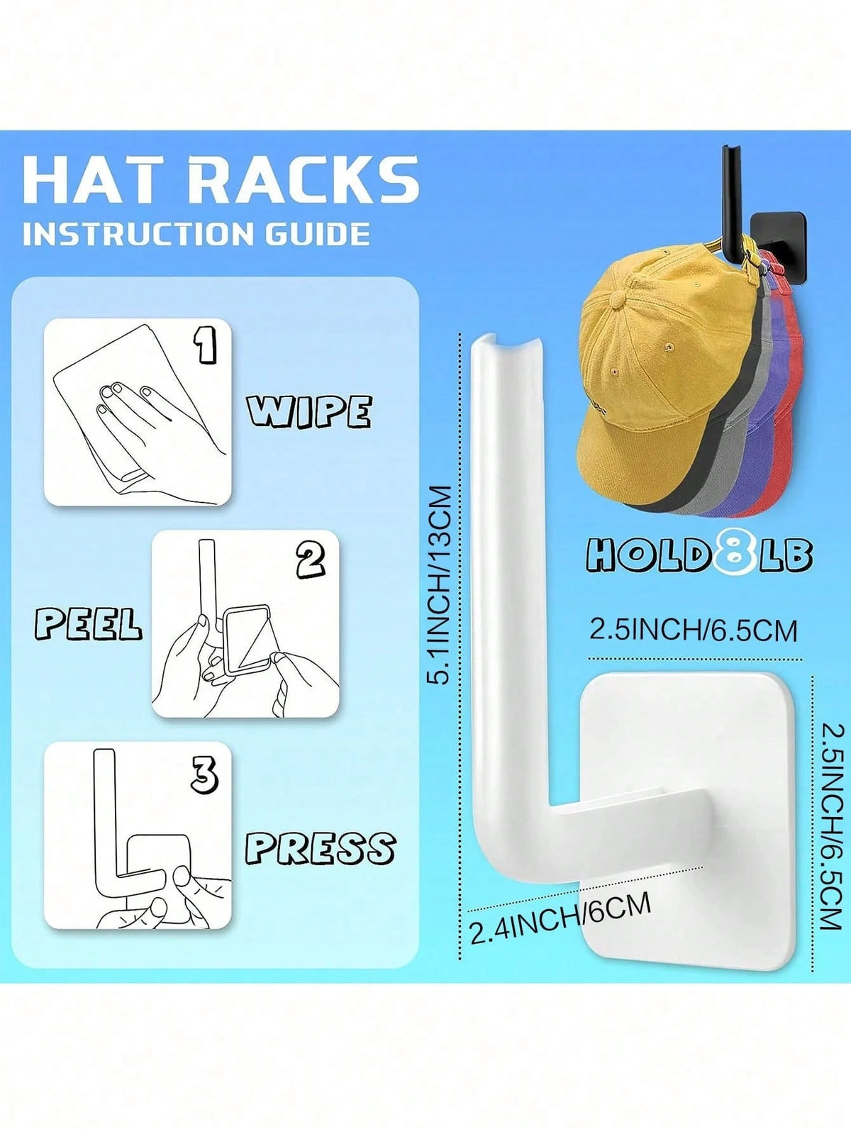 2pcs Hat Rack For Wall Hat Organizer Hat Racks For Baseball Caps, Adhesive Hat Hooks For Wall, No Drilling Hat Hangers For Closet Cowboy Hat Holder Display, Sticky Hat Storage For Baseball Caps Hanger