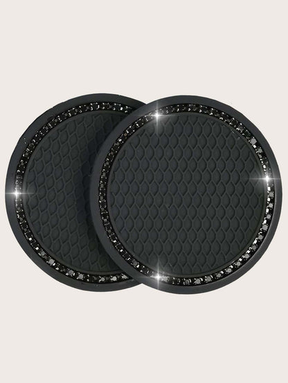 2pcs Honeycomb Embossed Rhinestone Decor Car Coaster