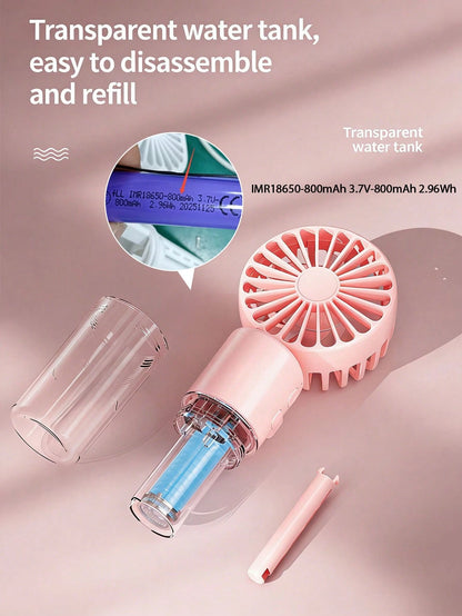 3-In-1 Portable Mist Fan, Handheld/Neck/Desktop Mist Fan With Transparent Water Tank, USB Rechargeable Summer Travel And Daily Use Cooling Fan, (IMR18650-800mAh 3.7V-800mAh 2.96Wh) Please Fully Charge