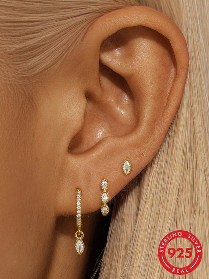 3pcs Asymmetric Zirconia 925 Sterling Silver Single Earrings, Women's Pierced Earrings, Suitable For Wedding Bride Jewelry