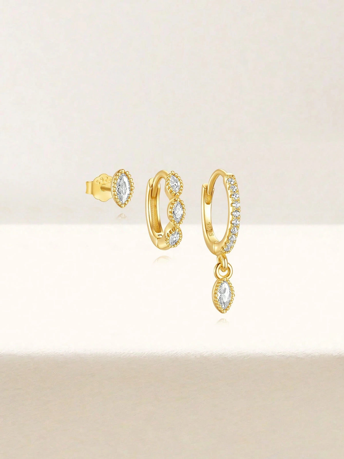 3pcs Asymmetric Zirconia 925 Sterling Silver Single Earrings, Women's Pierced Earrings, Suitable For Wedding Bride Jewelry