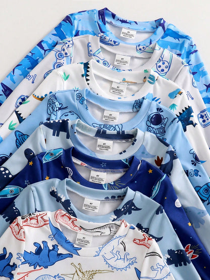 [8 Sets Randomly Send 2 Sets]Boy's And Young Boy Home Clothes, Toddler Cute Cartoon Print Long Sleeve Long Pants Knit Snug Fit Pajamas Loungewear Set