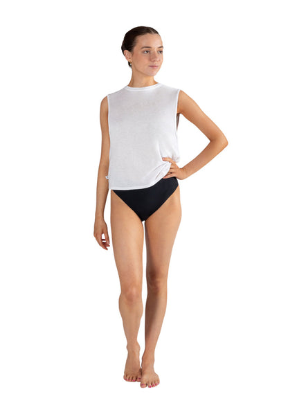 Energetiks ADB01 Teens Absorb Plus Dance Brief Period Underwear in Black, shown on a young adult dancer wearing a white tank top