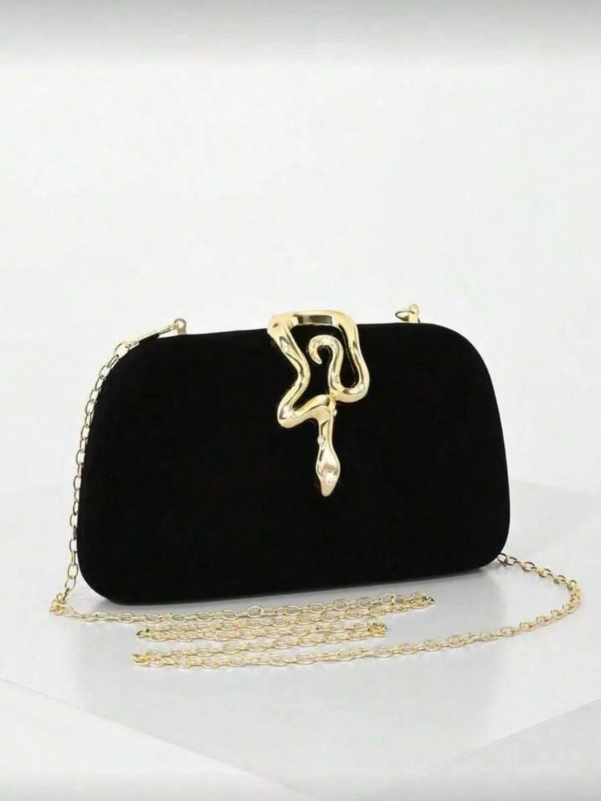 Black Evening Clutch, Rounded Rectangular Hard Frame Bag,Rhinestone Gold Snake Lock, Women Stylish Handbag For Wedding & Evening Banquet Events