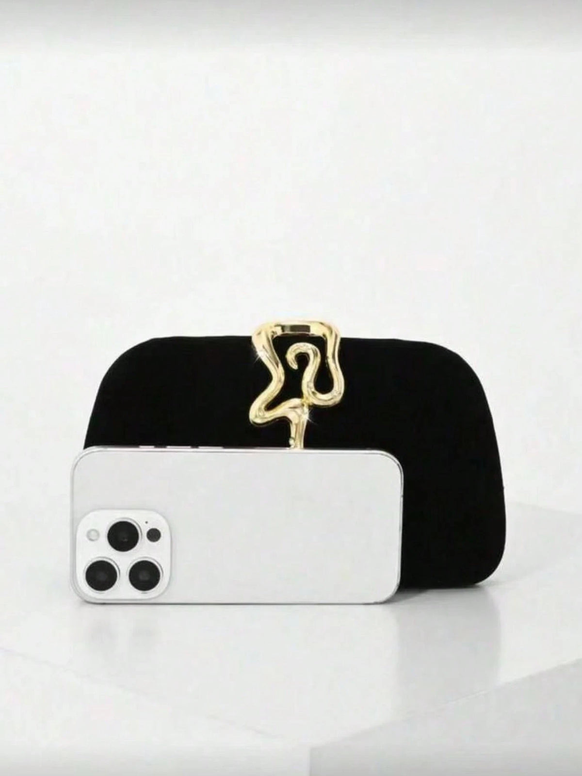 Black Evening Clutch, Rounded Rectangular Hard Frame Bag,Rhinestone Gold Snake Lock, Women Stylish Handbag For Wedding & Evening Banquet Events