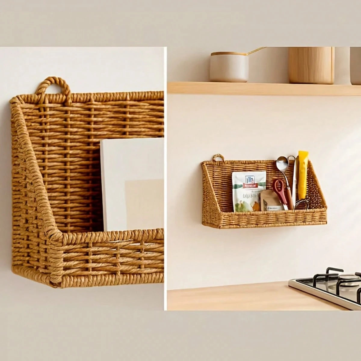 Boho Woven Wall Hanging Basket- Rustic Jute Kitchen Organizer For Fruit Vegetable Storage Decorative Large Capacity Farmhouse Hand-Woven Storage Bin