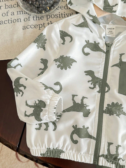 Bubblio Baby Boy Spring Summer Autumn Cartoon Dinosaur Pattern Black & White Contrast Color Hooded Thin Jacket Solid Color Suitable For Outdoor Travel Outings