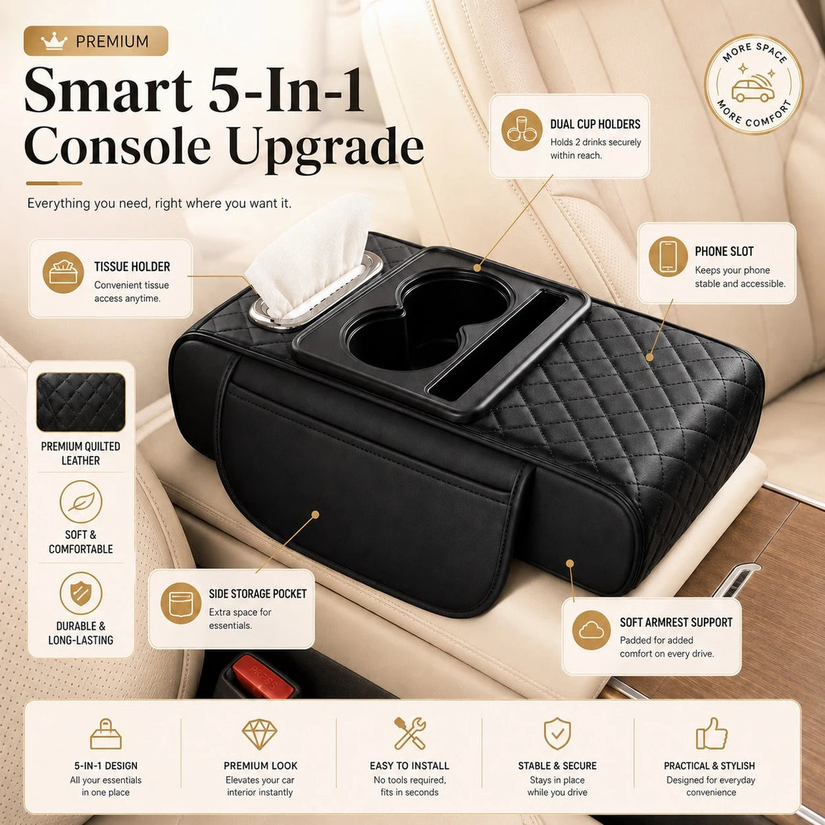 Car Armrest Organizer Cushion, Universal Center Console Storage Box Cover With Cup Holder, Tissue Slot, Phone Tray & Soft Armrest Pad, Quilted Leather Auto Interior Accessories For Car, SUV & Truck