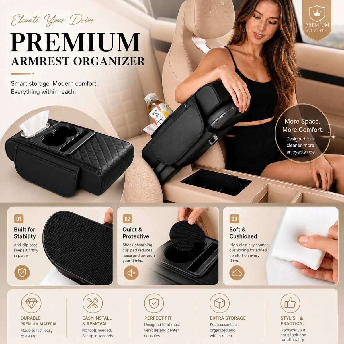Car Armrest Organizer Cushion, Universal Center Console Storage Box Cover With Cup Holder, Tissue Slot, Phone Tray & Soft Armrest Pad, Quilted Leather Auto Interior Accessories For Car, SUV & Truck