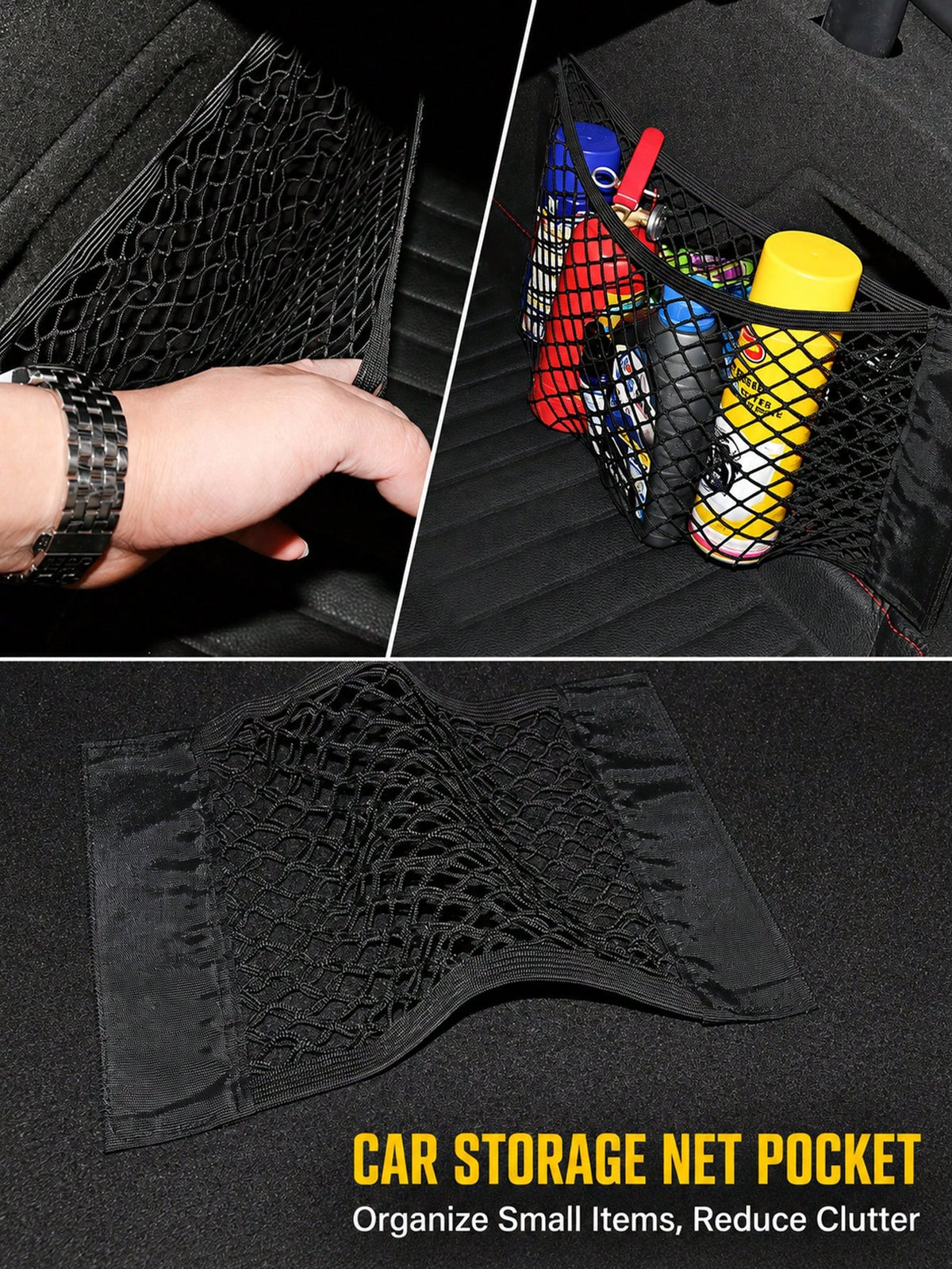 Car Trunk Hook And Loop Storage Net Bag, Elastic Polypropylene Mesh Organizer Bag, Self-Adhesive Car Rear Seat Cargo Net Storage Bag, Universal Car Interior Trunk Storage Organizer Accessories
