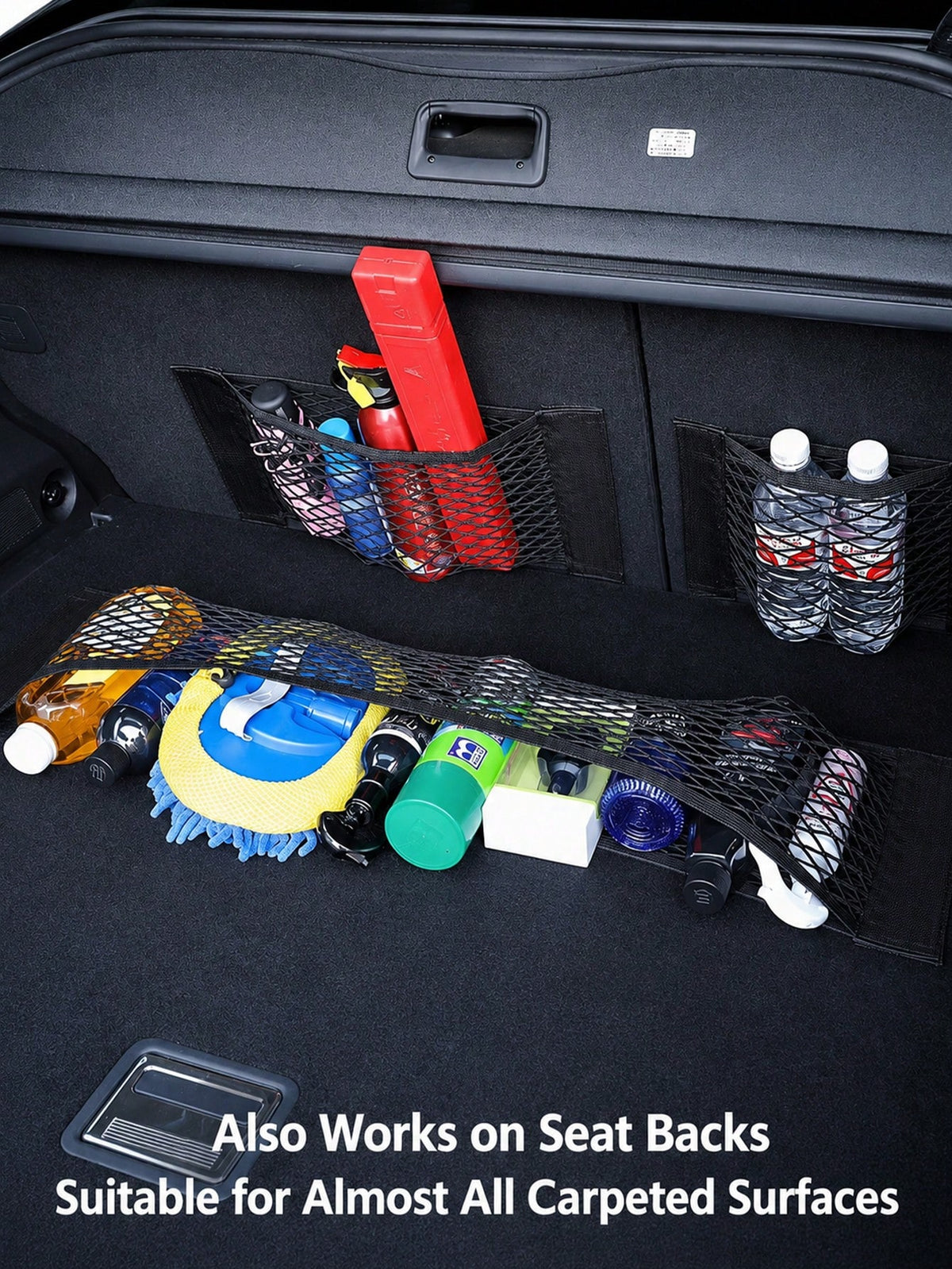 Car Trunk Hook And Loop Storage Net Bag, Elastic Polypropylene Mesh Organizer Bag, Self-Adhesive Car Rear Seat Cargo Net Storage Bag, Universal Car Interior Trunk Storage Organizer Accessories