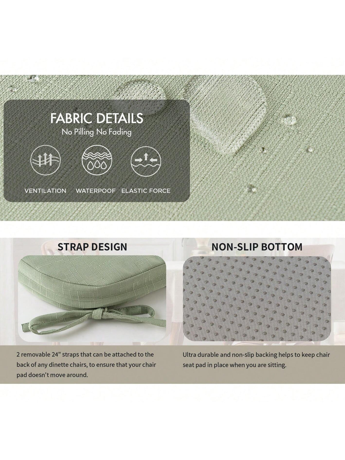 Chair Cushion With Ties For Dining Chairs, Non Slip Kitchen Chair Pad And Dining Seat Cushion With Machine Washable Cover, Sage Green,16"X16"X2"