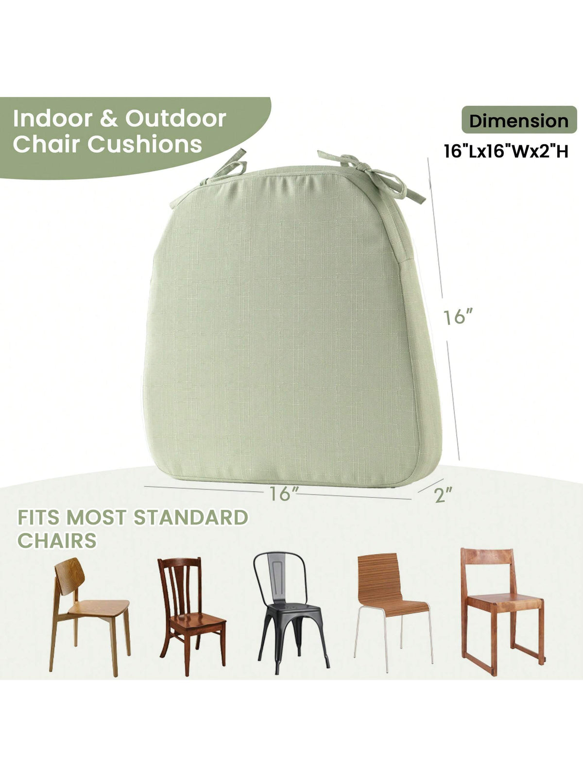 Chair Cushion With Ties For Dining Chairs, Non Slip Kitchen Chair Pad And Dining Seat Cushion With Machine Washable Cover, Sage Green,16"X16"X2"